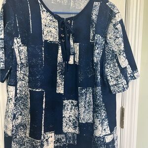 Navy Blue and White Graphic Tie Front Short Sleeve Blouse